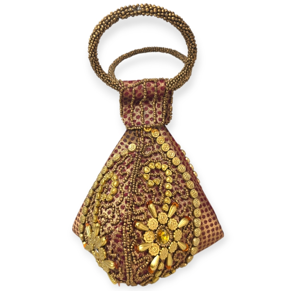 Beaded Maroon Potli Folded Bag Boho Fairycore Indian Purse Snap Zipper Handmade